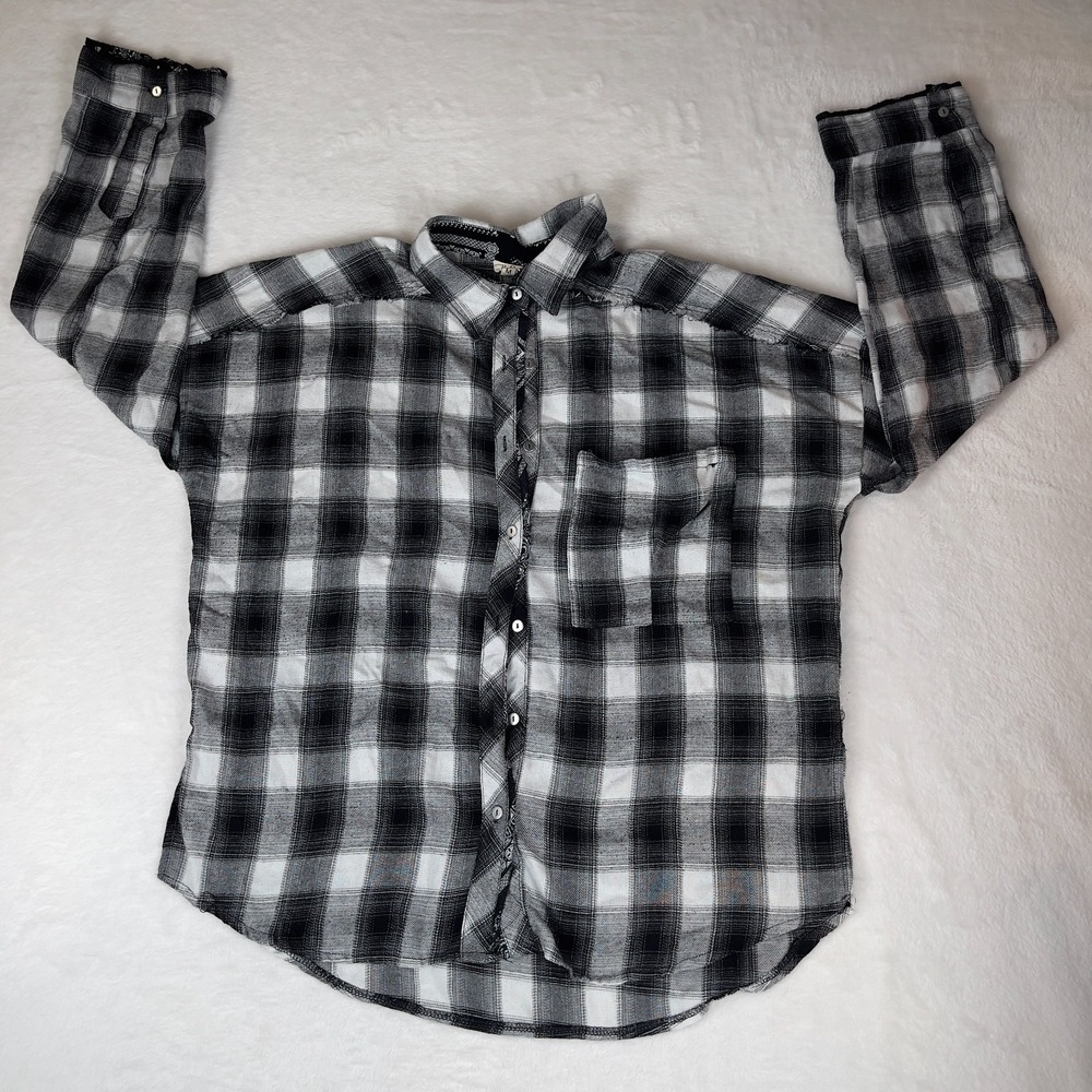 POL Shacket Shirt Womens M White Black Plaid Deconstructed Hem Button Front
